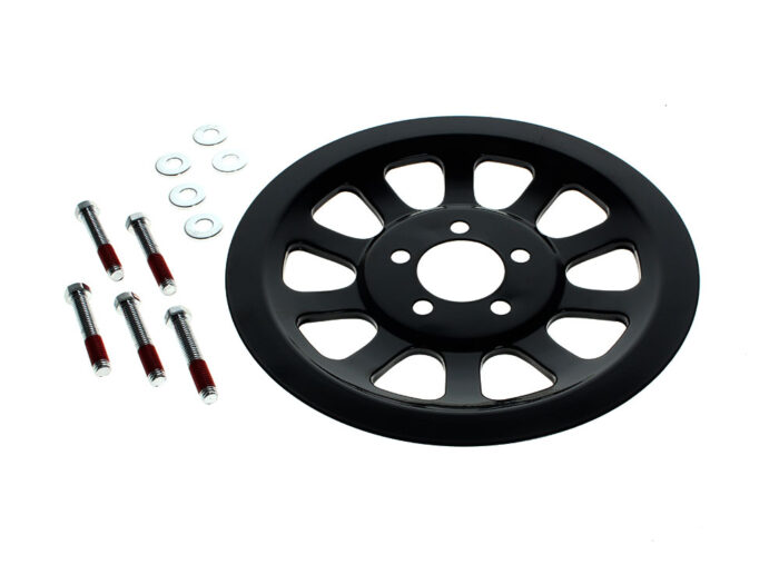 Rear Pulley Cover - Gloss Black. Fits Dyna 2006-2017 & Softail 2007up with 66 Teeth Rear Pulley