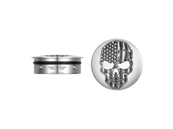 Swingarm Pivot Bolt Covers - Stainless with American Flag Skull. Fits Touring 2011up