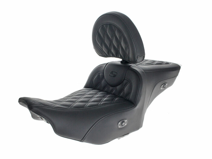 Heated, Extended Roadsofa LS Dual Seat With Backrest & Black Double Diamond Lattice Stitch. Fits CVO Touring 2023up & Street Glide & Road Glide 2024up