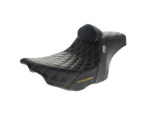 Step-Up San Diego Customs Pro Series Gripper Dual Seat With Backrest & Gold Stitch. Fits CVO Touring 2023up & Street Glide & Road Glide 2024up & Touring 2025up