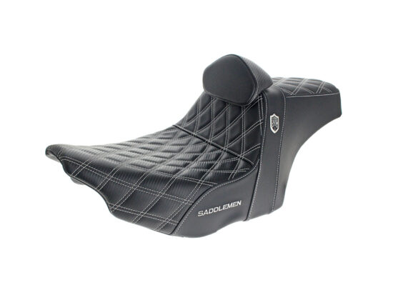 Step-Up San Diego Customs Pro Series Gripper Dual Seat With Backrest & White Stitch. Fits CVO Touring 2023up & Street Glide & Road Glide 2024up & Touring 2025up