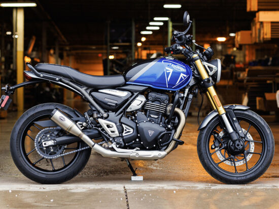 4in. Grand National Slip-On Muffler - Stainless Steel with Black End Cap. Fits Triumph Speed 400 & Scrambler 400X 2024up