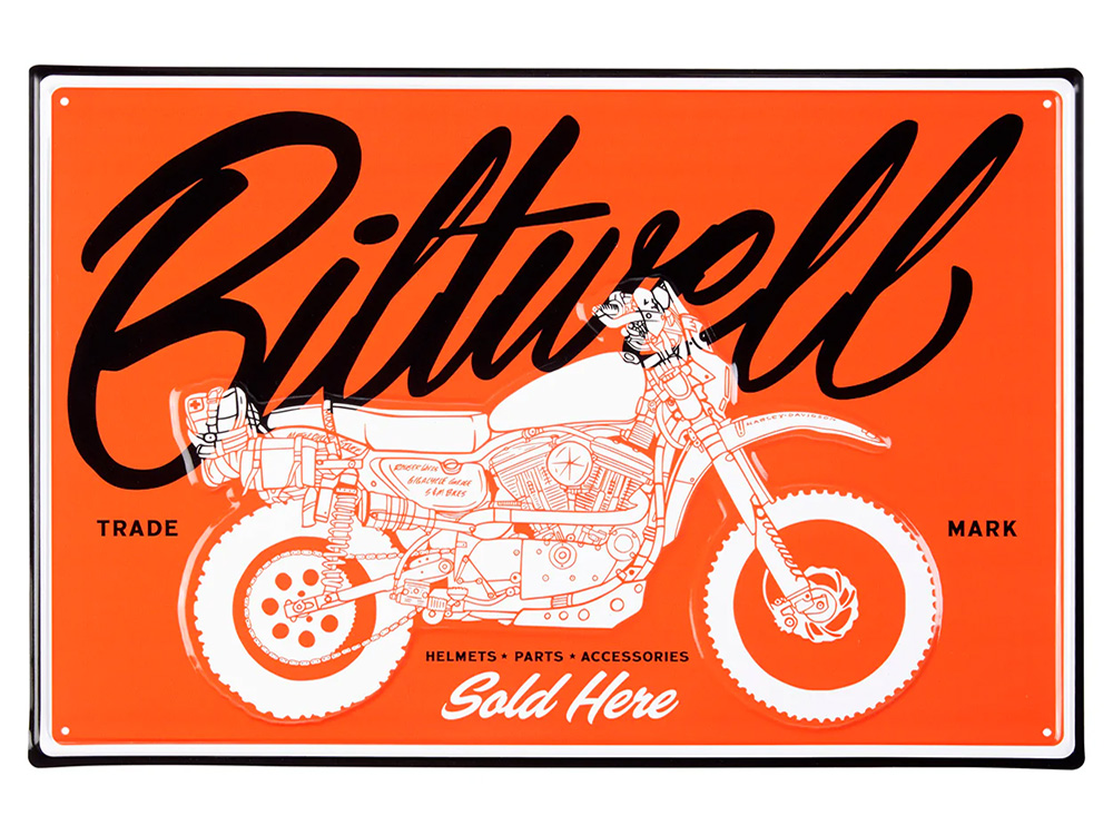 Biltwell Sold Here Pressed Tin Sign - Orange & Black. 18in. x 12in. - Biltwell Helmets